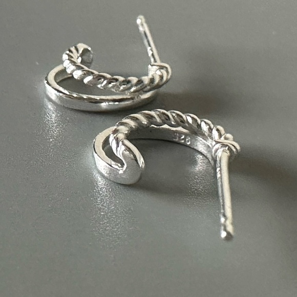 Sterling Silver Double Hoop Smooth and Twist Tiny Huggy Earrings - Picture 4 of 13
